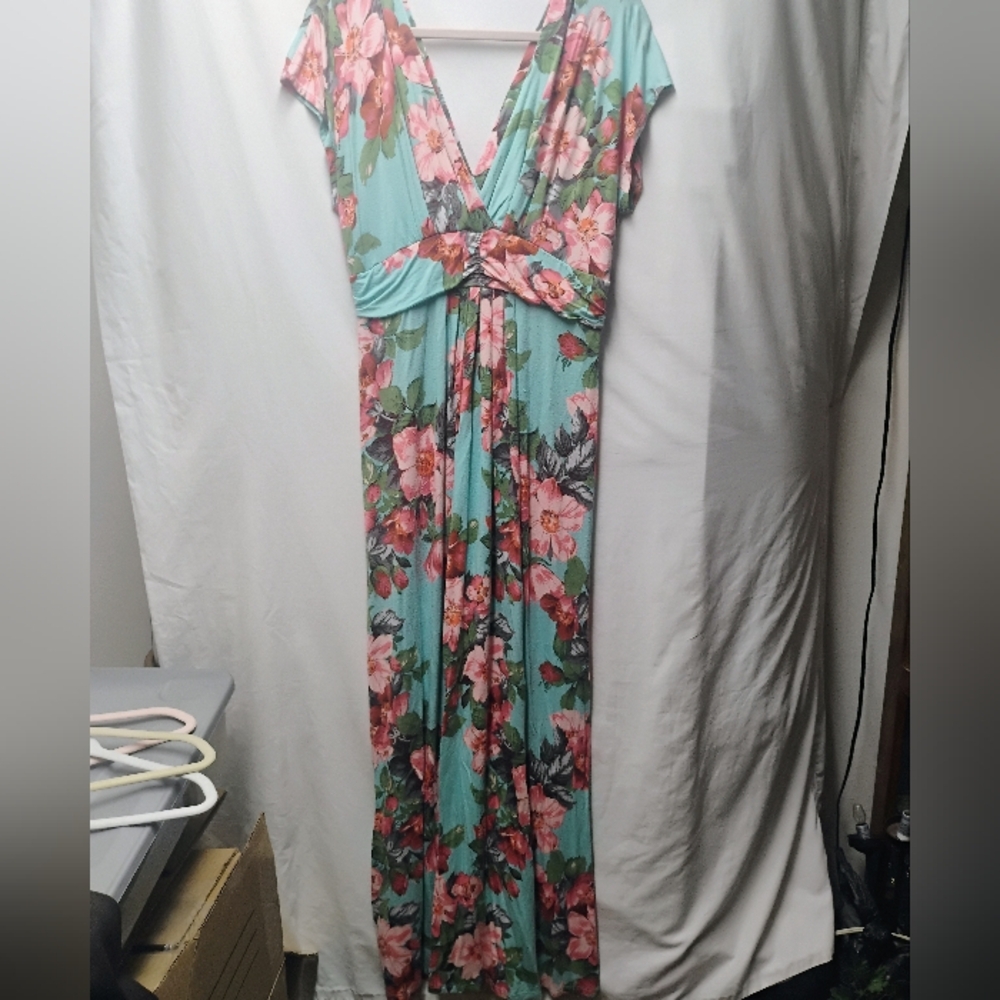 IMAN Aqua Maxi Dress with Pink Floral Print